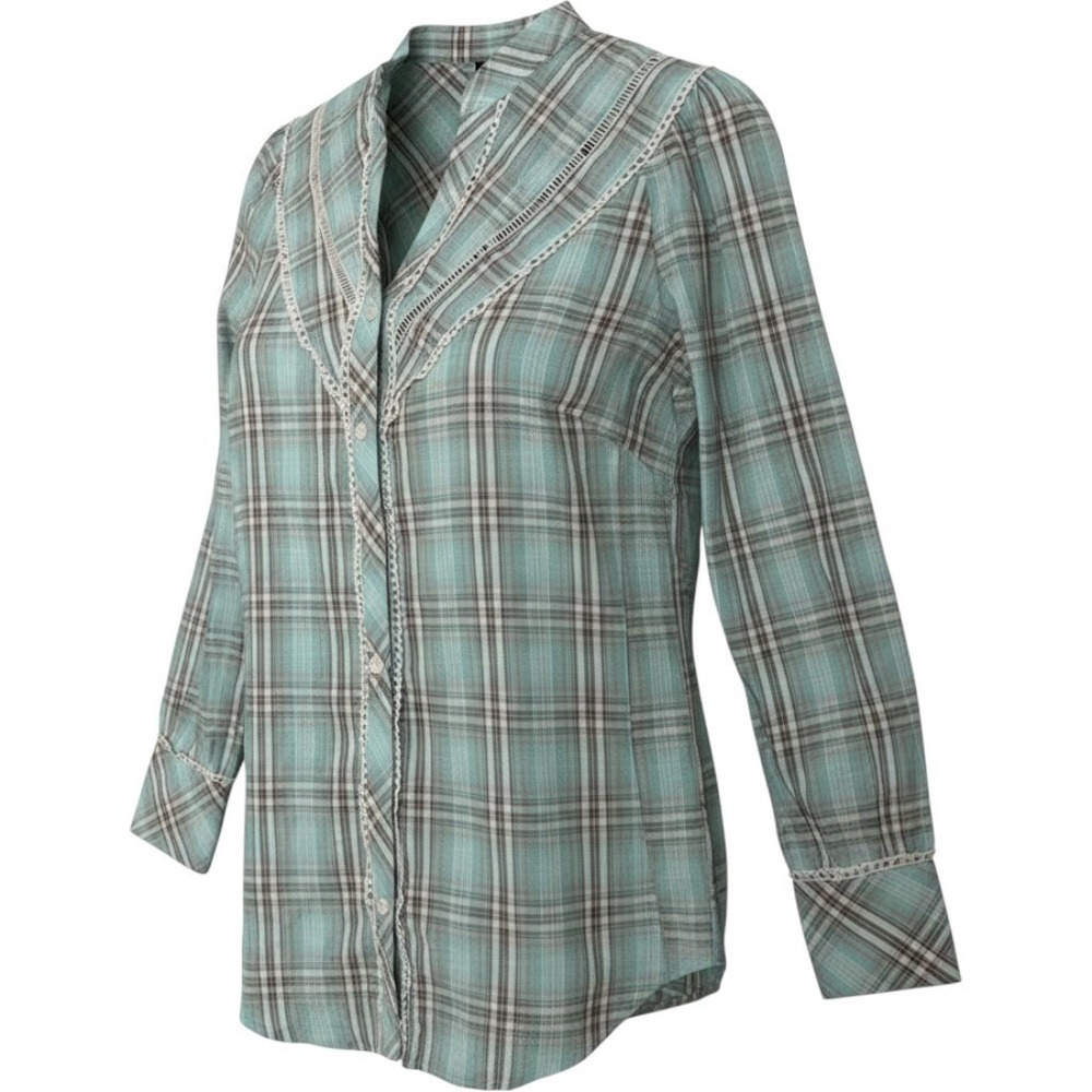 Akaiv Green Plaid Lace Trim Western Yoke Button Down Blouse Top AF22260T S NEW